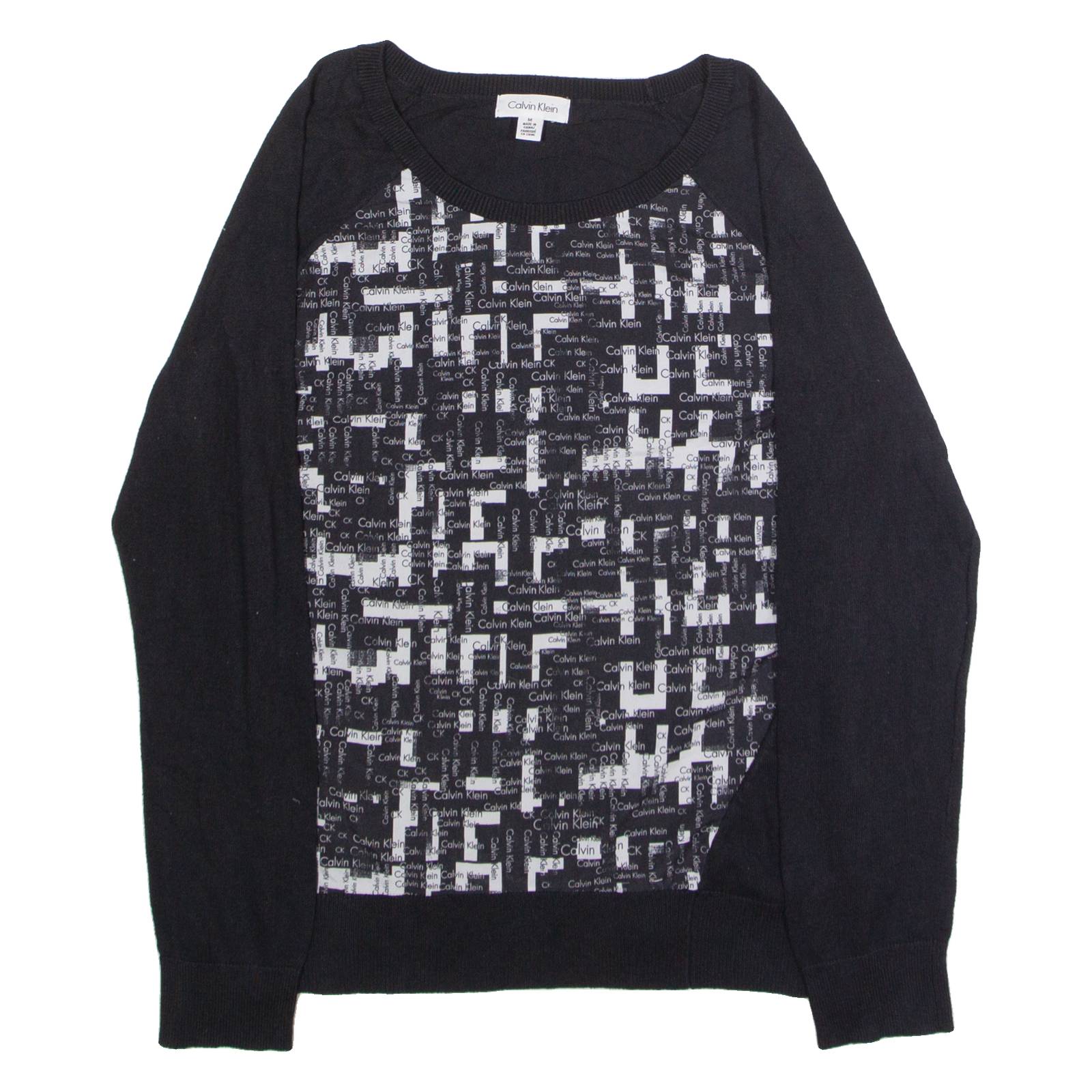 CALVIN KLEIN Mens Patterned Jumper Black Crazy Pattern Crew Neck Tight Knit M