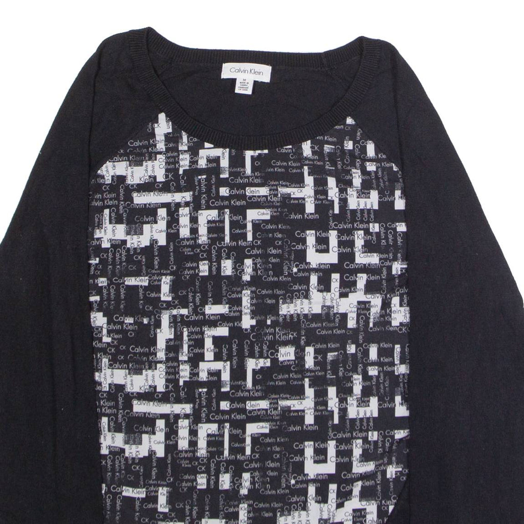CALVIN KLEIN Mens Patterned Jumper Black Crazy Pattern Crew Neck Tight Knit M