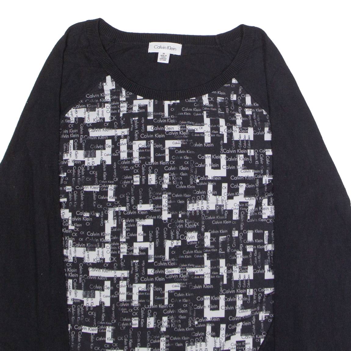 CALVIN KLEIN Mens Patterned Jumper Black Crazy Pattern Crew Neck Tight Knit M