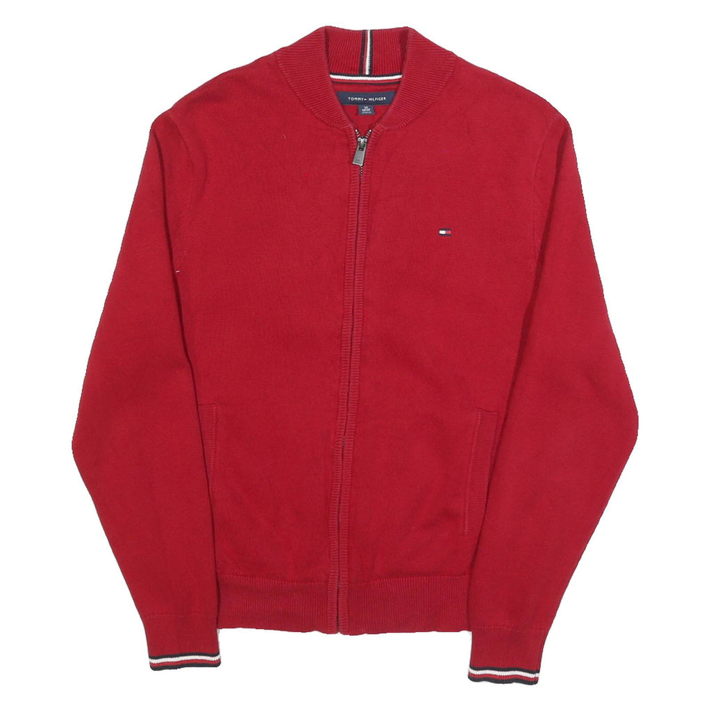 TOMMY HILFIGER Mens Red Plain Jumper Full Zip Crew Neck Basic Knit XS Zip Pocket