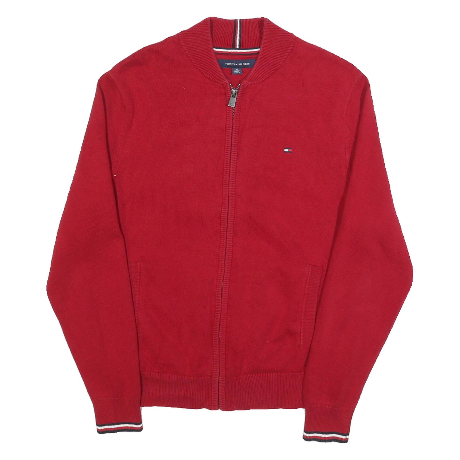 TOMMY HILFIGER Mens Red Plain Jumper Full Zip Crew Neck Basic Knit XS Zip Pocket