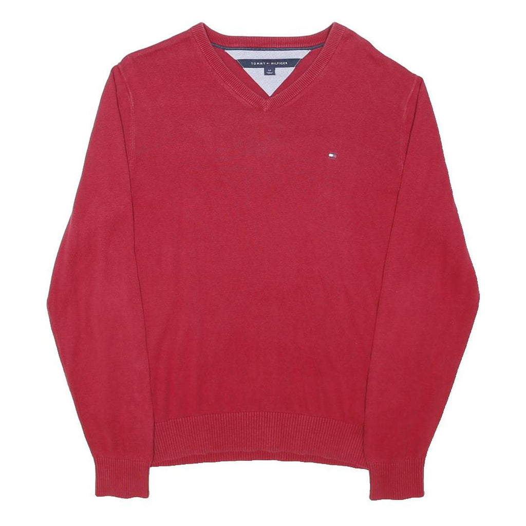 TOMMY HILFIGER Mens Red Plain V-Neck Basic Knit S Cotton Jumper Classic Style