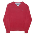TOMMY HILFIGER Mens Red Plain V-Neck Basic Knit S Cotton Jumper Classic Style