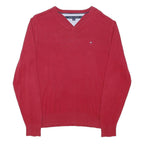 TOMMY HILFIGER Mens Red Plain V-Neck Basic Knit S Cotton Jumper Classic Style