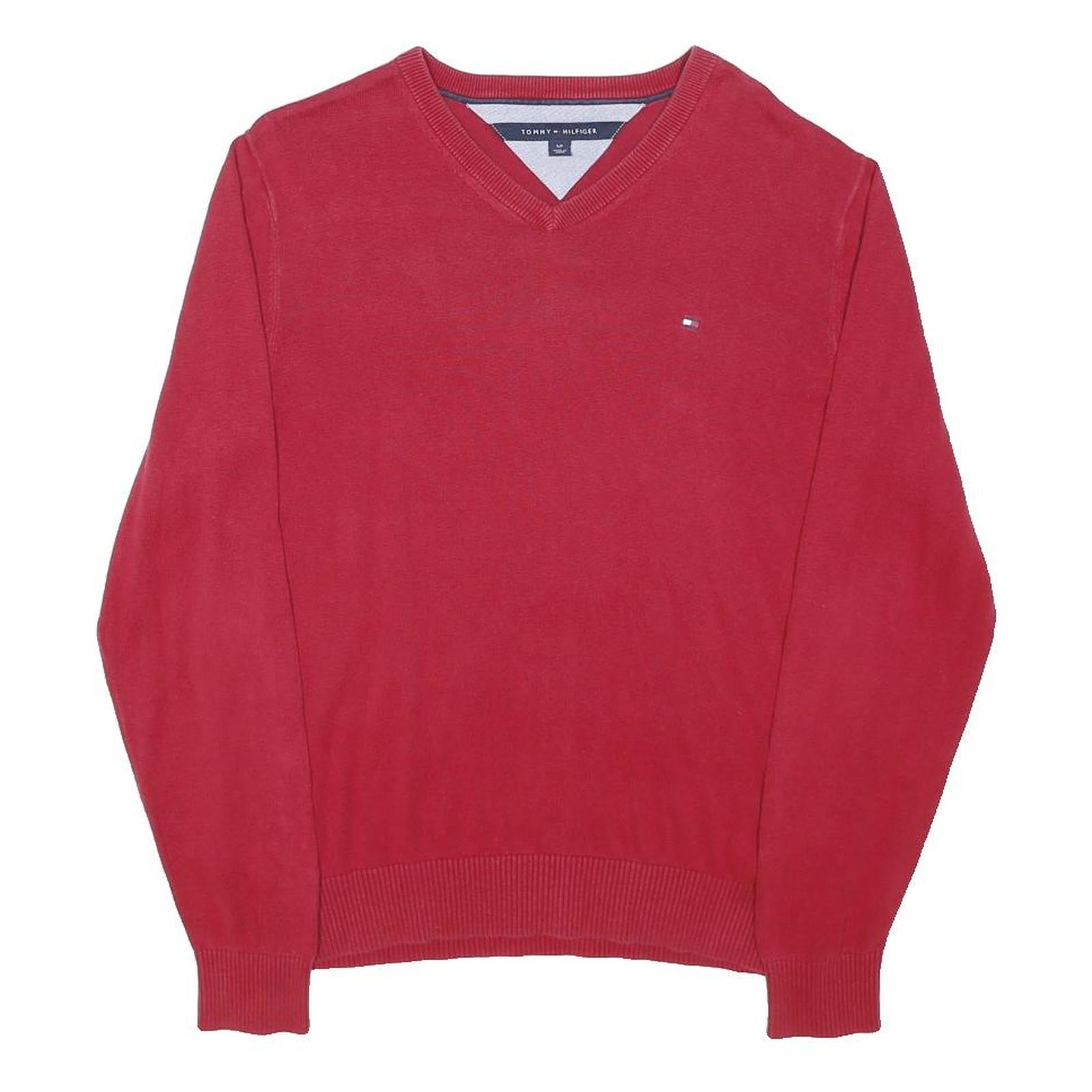 TOMMY HILFIGER Mens Red Plain V-Neck Basic Knit S Cotton Jumper Classic Style