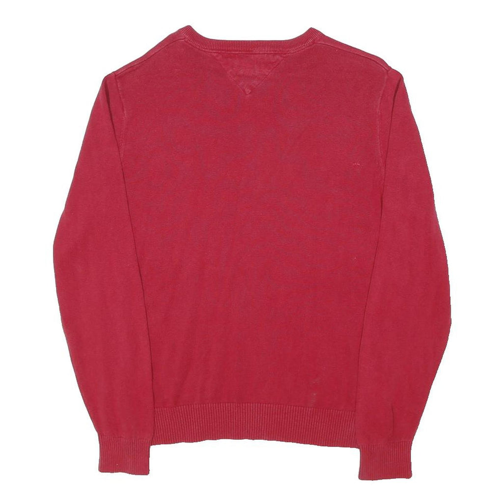 TOMMY HILFIGER Mens Red Plain V-Neck Basic Knit S Cotton Jumper Classic Style