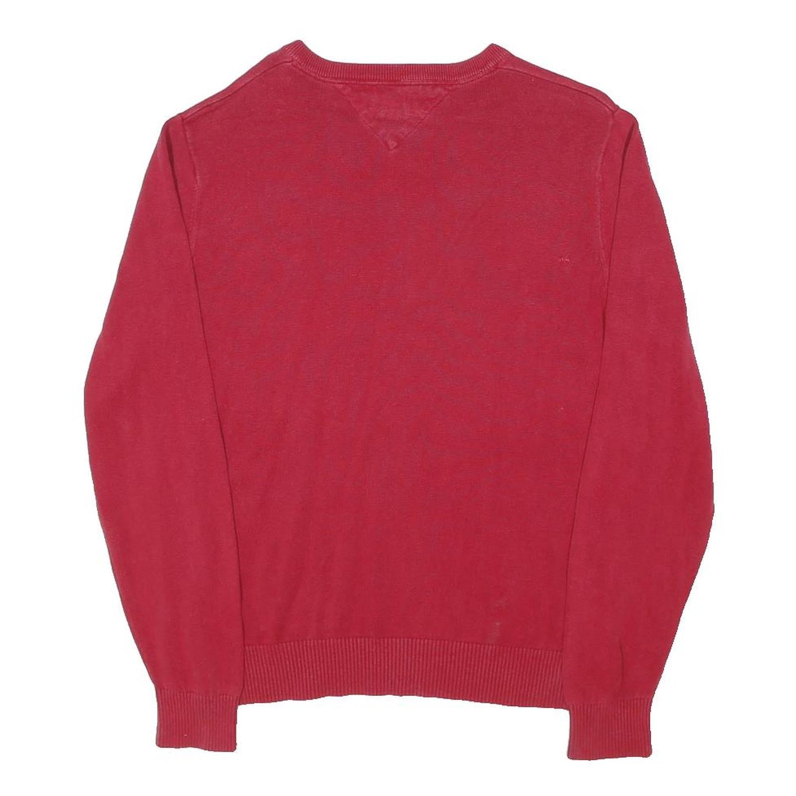 TOMMY HILFIGER Mens Red Plain V-Neck Basic Knit S Cotton Jumper Classic Style
