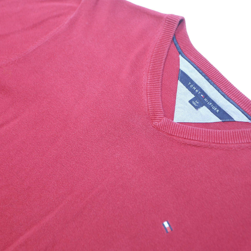 TOMMY HILFIGER Mens Red Plain V-Neck Basic Knit S Cotton Jumper Classic Style