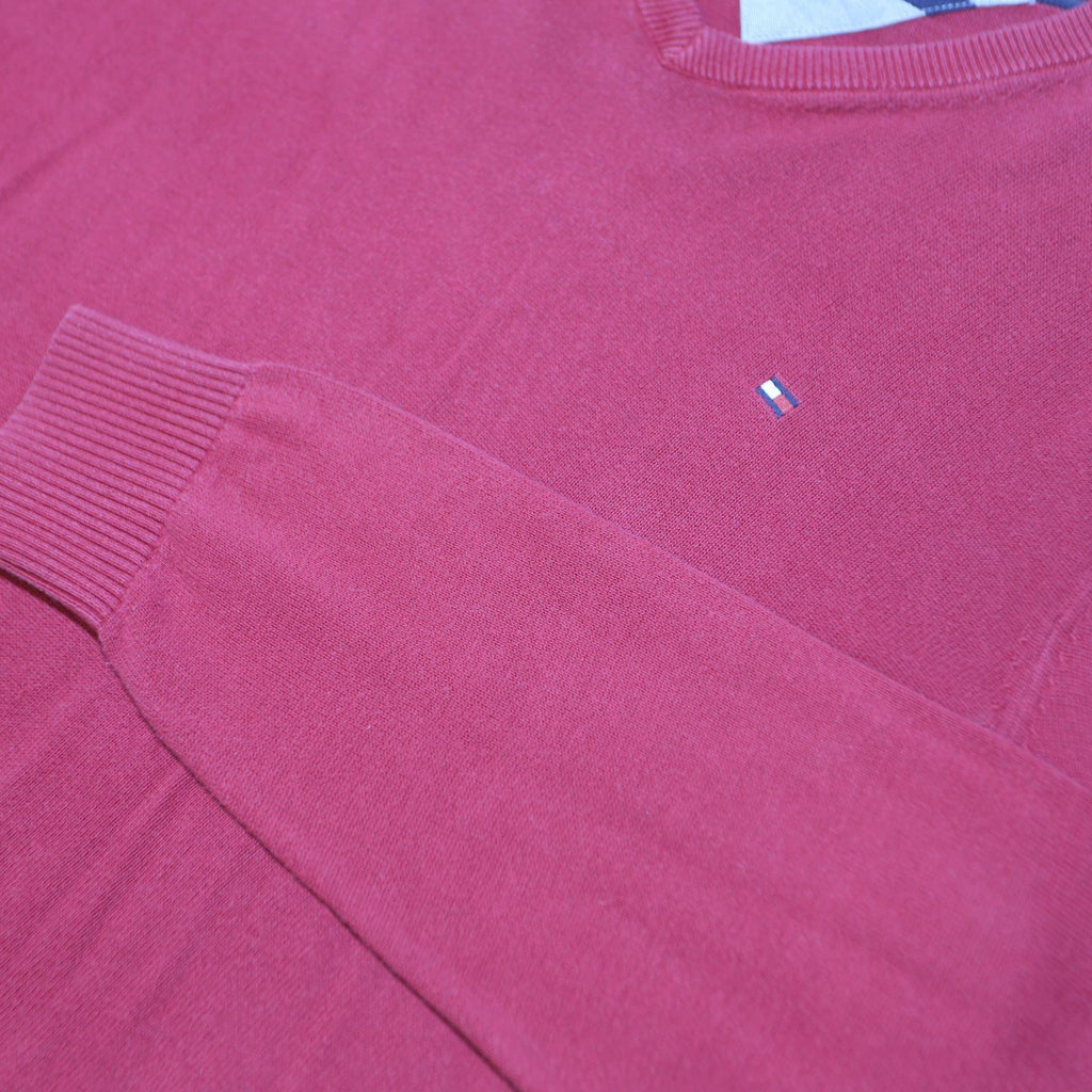 TOMMY HILFIGER Mens Red Plain V-Neck Basic Knit S Cotton Jumper Classic Style