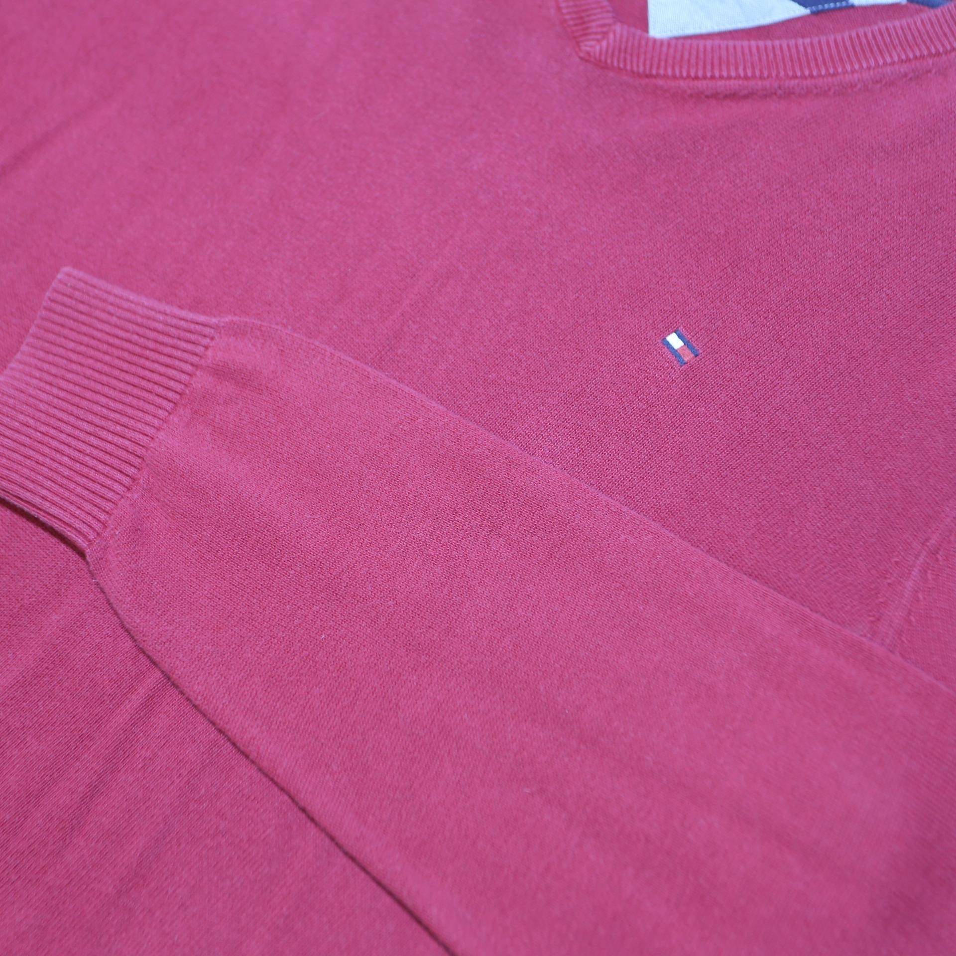TOMMY HILFIGER Mens Red Plain V-Neck Basic Knit S Cotton Jumper Classic Style