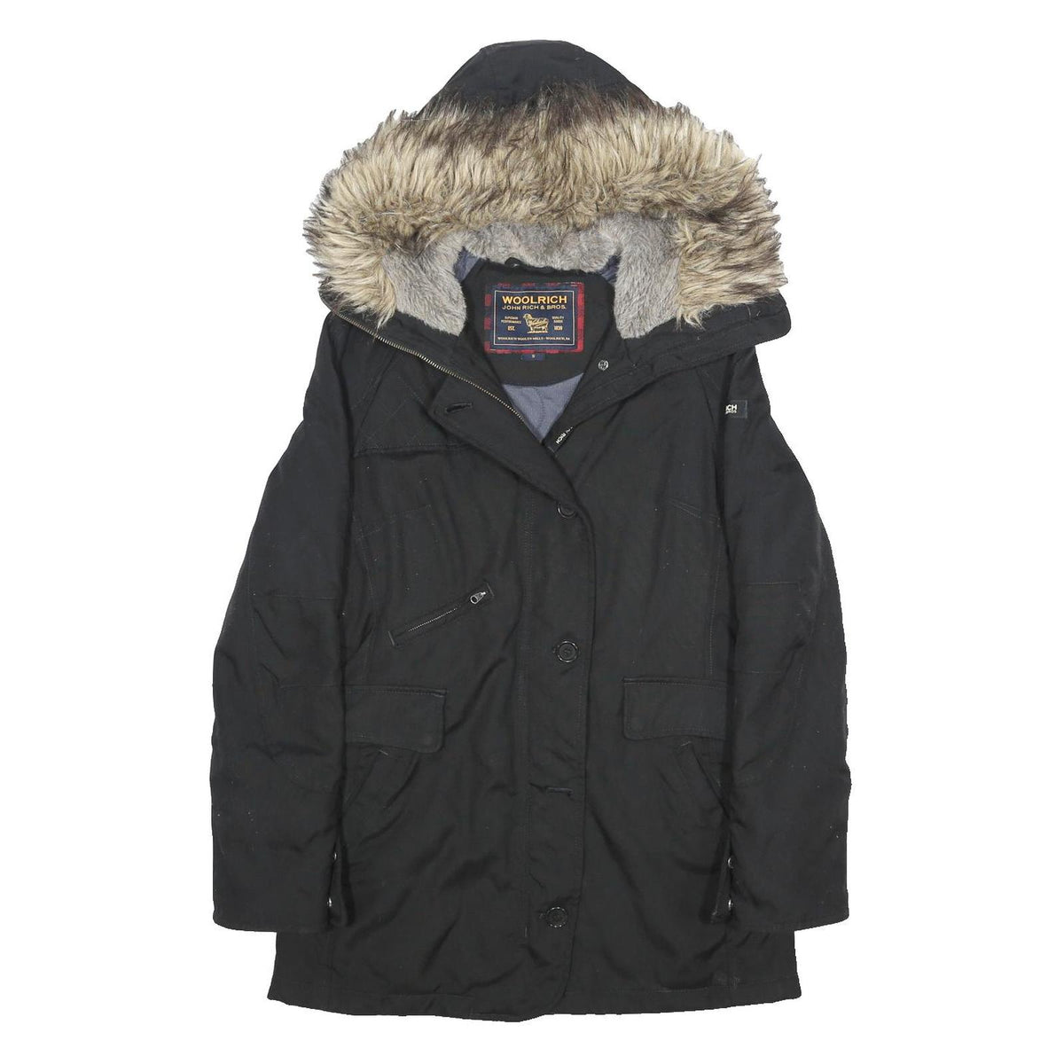 WOOLRICH Womens Black Outdoor Jacket S Synthetic Plain Zip Hooded Warm Winter