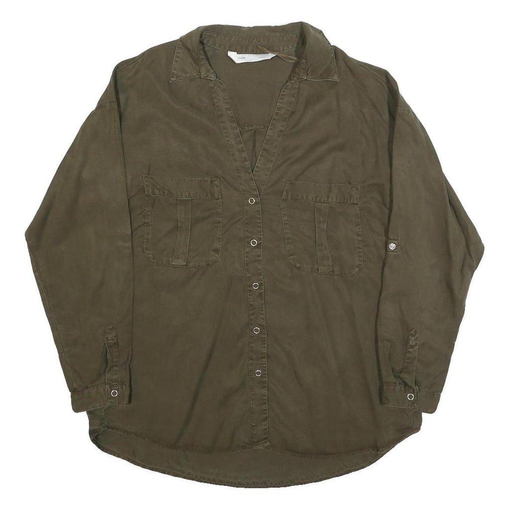 ZARA Womens Green Basic Long Sleeve V-Neck Shirt S Cotton Blend Casual