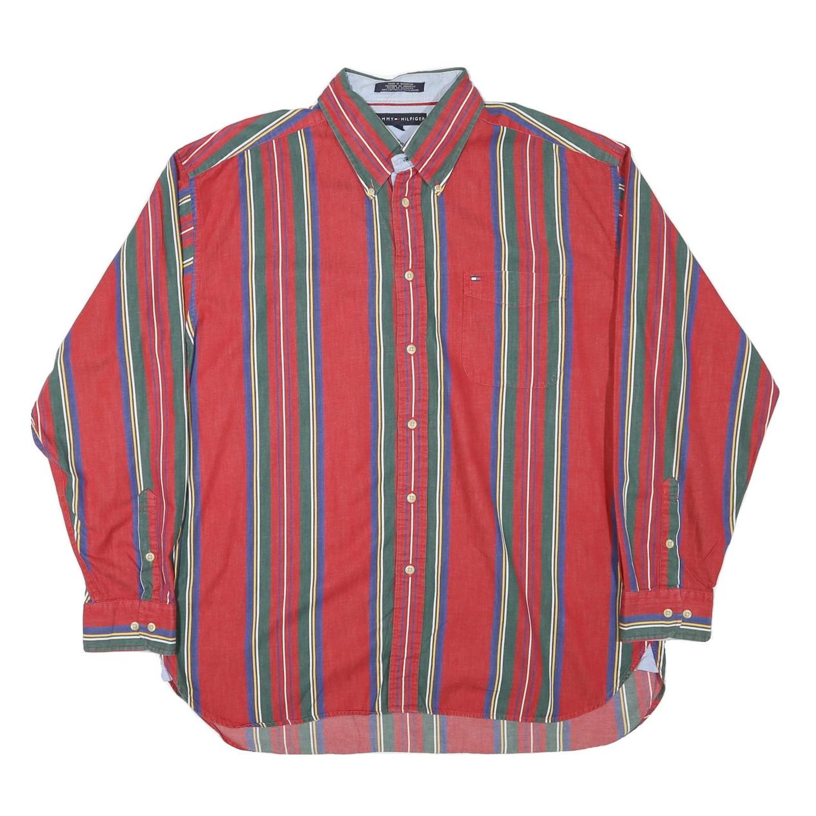 TOMMY HILFIGER Mens Red & Green Striped Shirt XL Button Down Long Sleeve Classic