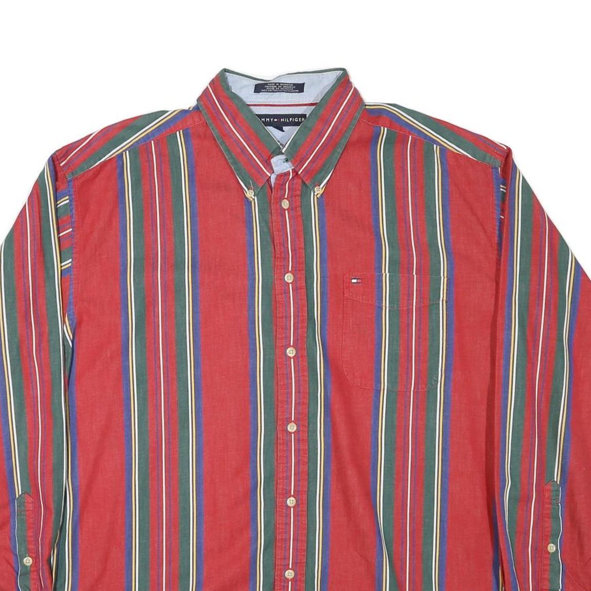 TOMMY HILFIGER Mens Red & Green Striped Shirt XL Button Down Long Sleeve Classic