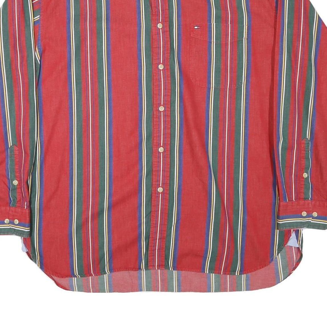 TOMMY HILFIGER Mens Red & Green Striped Shirt XL Button Down Long Sleeve Classic