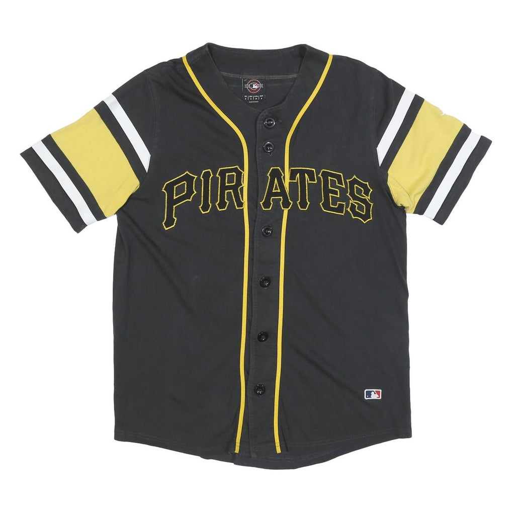 MLB Mens Black & Yellow Pirates Button Front Short Sleeve Round Neck Baseball