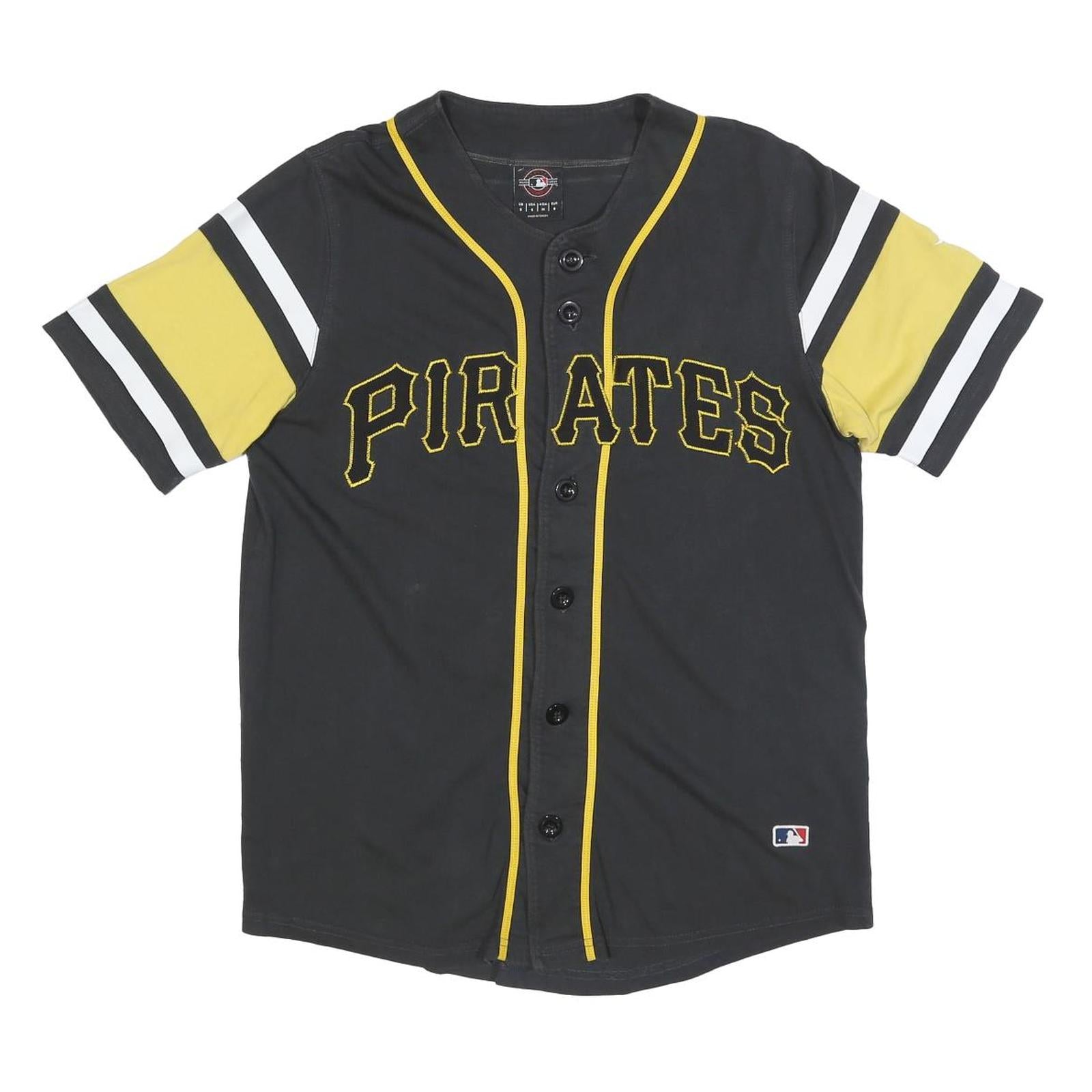 MLB Mens Black & Yellow Pirates Button Front Short Sleeve Round Neck Baseball