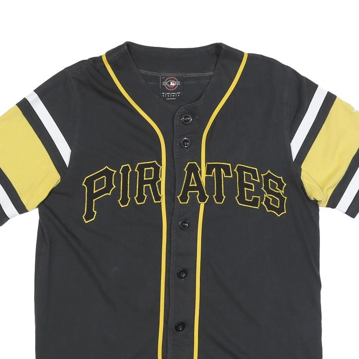 MLB Mens Black & Yellow Pirates Button Front Short Sleeve Round Neck Baseball
