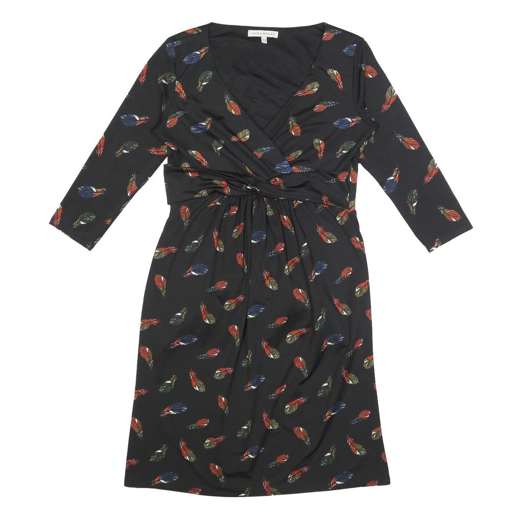 LAURA ASHLEY Womens Black Feather Print Wrap Dress Polyester Blend UK 12 Long