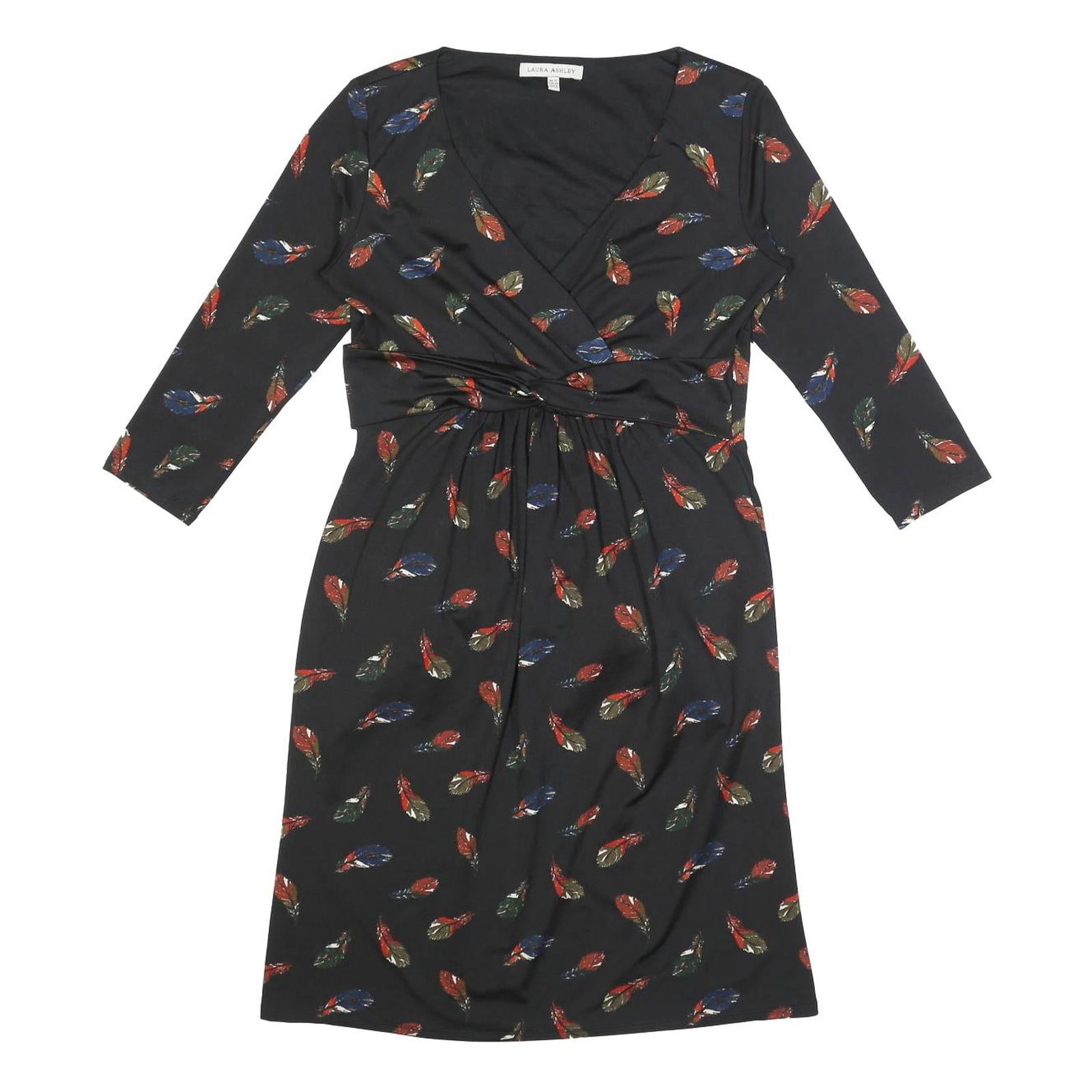 LAURA ASHLEY Womens Black Feather Print Wrap Dress Polyester Blend UK 12 Long