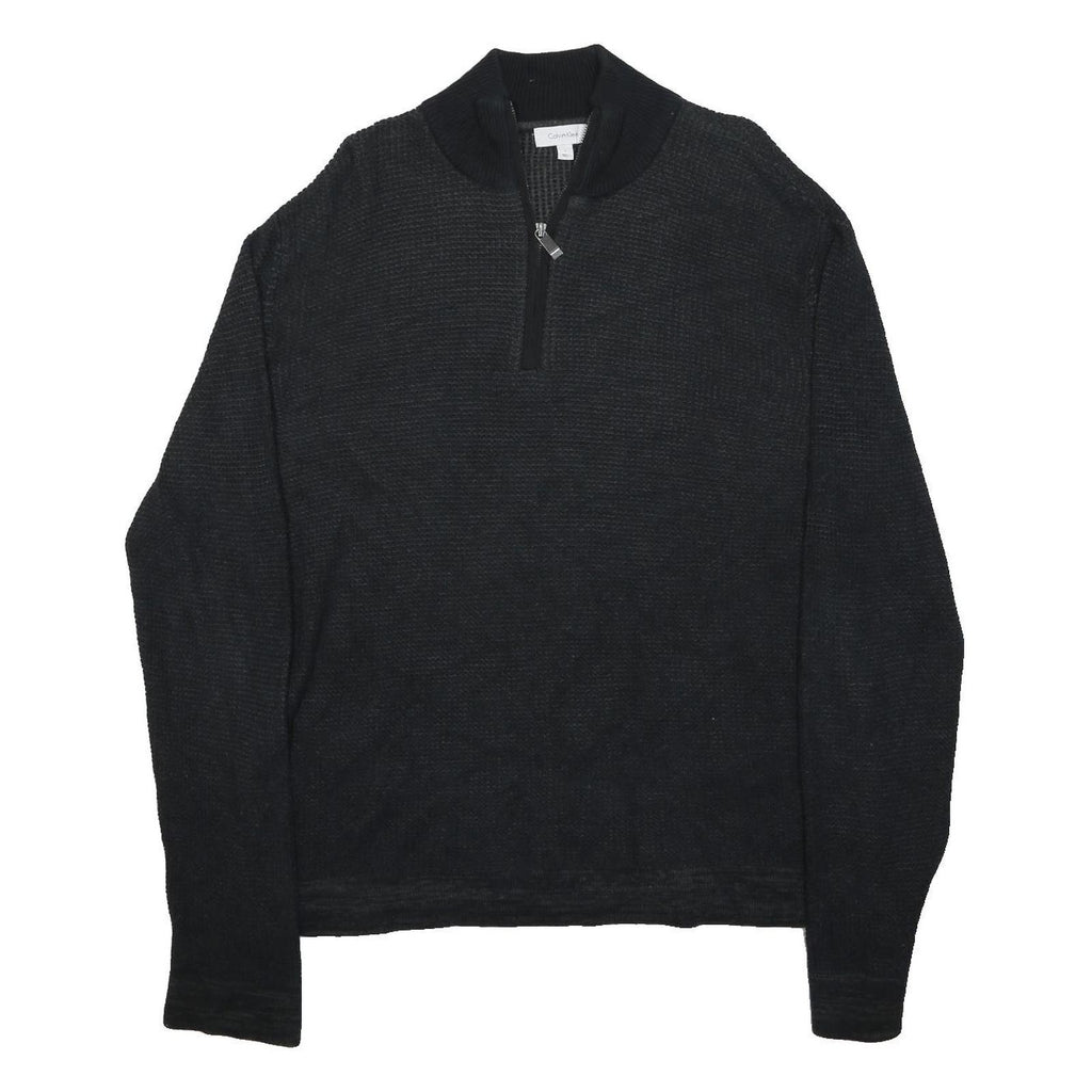 CALVIN KLEIN Mens Black Plain Pullover Crew Neck Basic Knit Jumper L Cotton