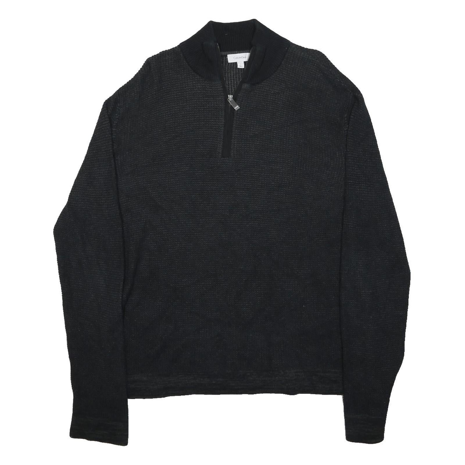 CALVIN KLEIN Mens Black Plain Pullover Crew Neck Basic Knit Jumper L Cotton