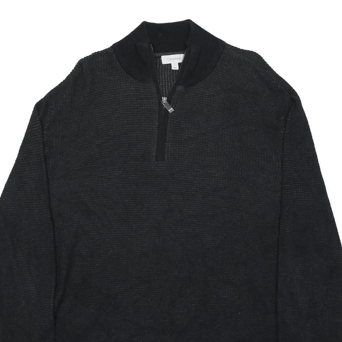 CALVIN KLEIN Mens Black Plain Pullover Crew Neck Basic Knit Jumper L Cotton