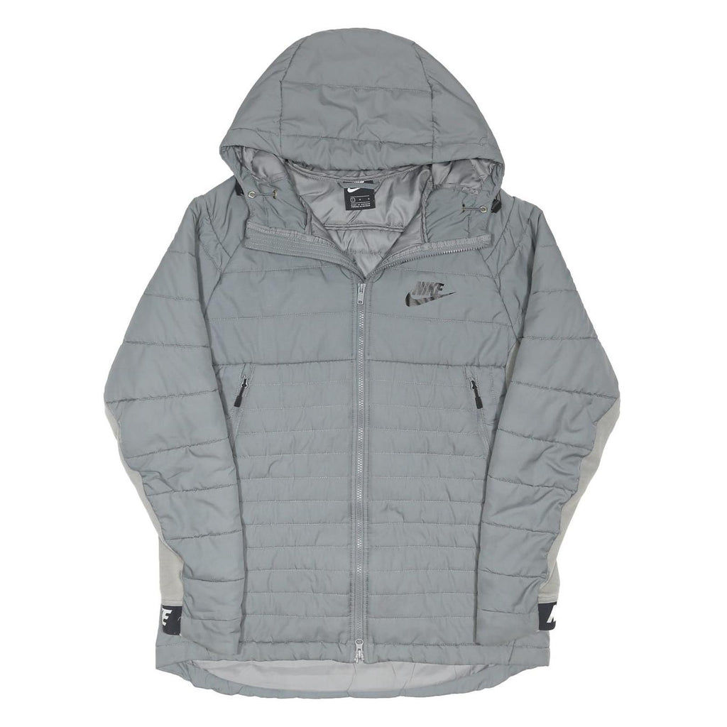 NIKE Mens Grey & Light Grey Zip Jacket L Polyester Blend Hooded Puffer