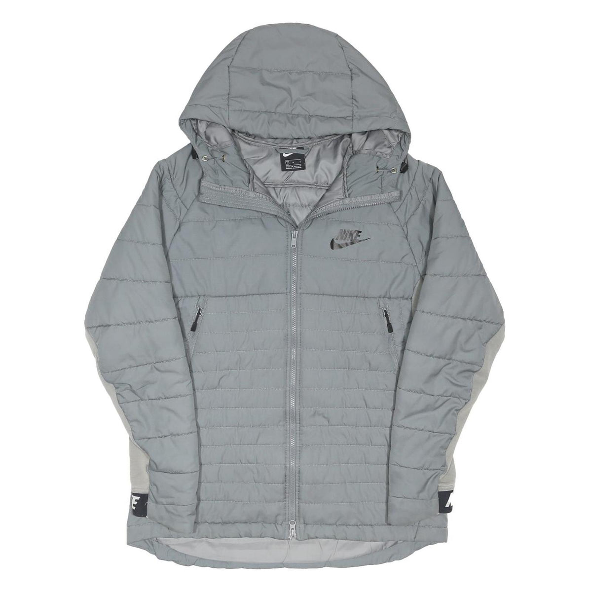 NIKE Mens Grey & Light Grey Zip Jacket L Polyester Blend Hooded Puffer