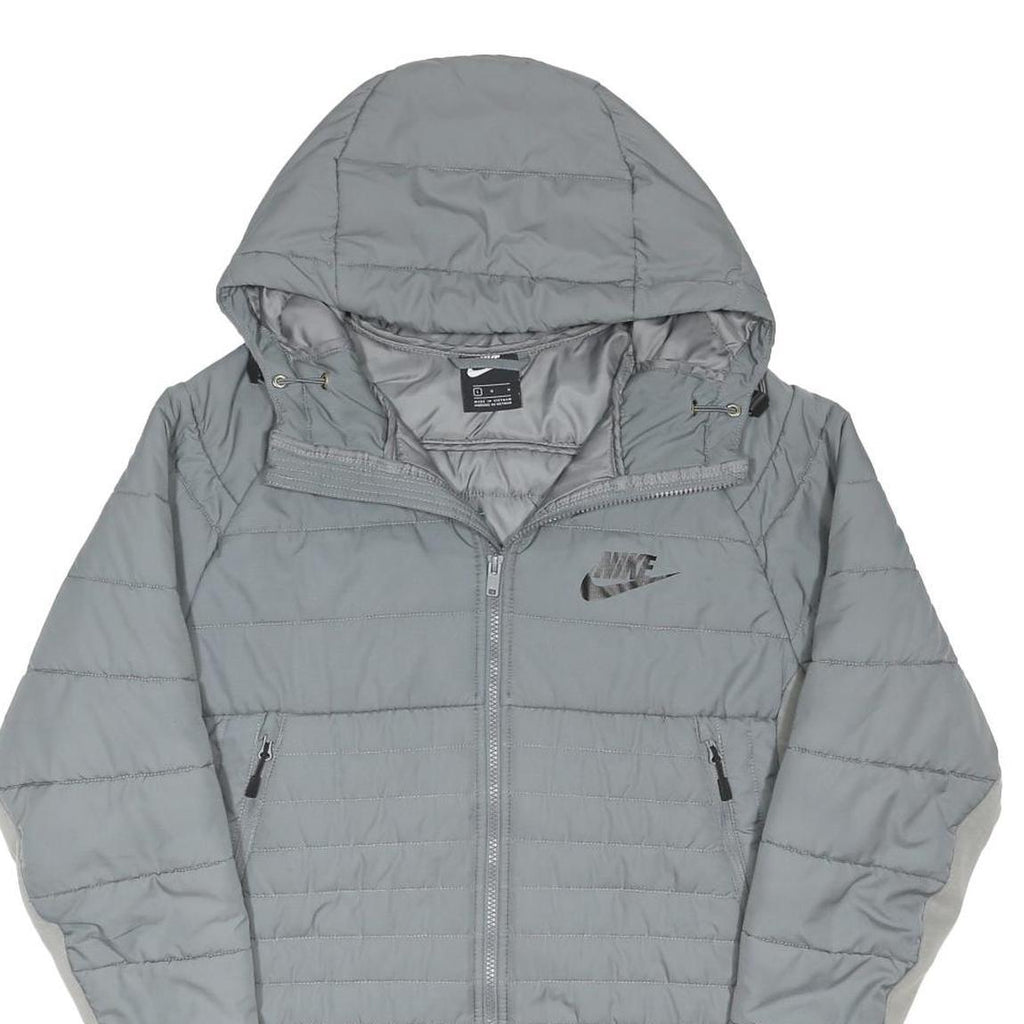 NIKE Mens Grey & Light Grey Zip Jacket L Polyester Blend Hooded Puffer
