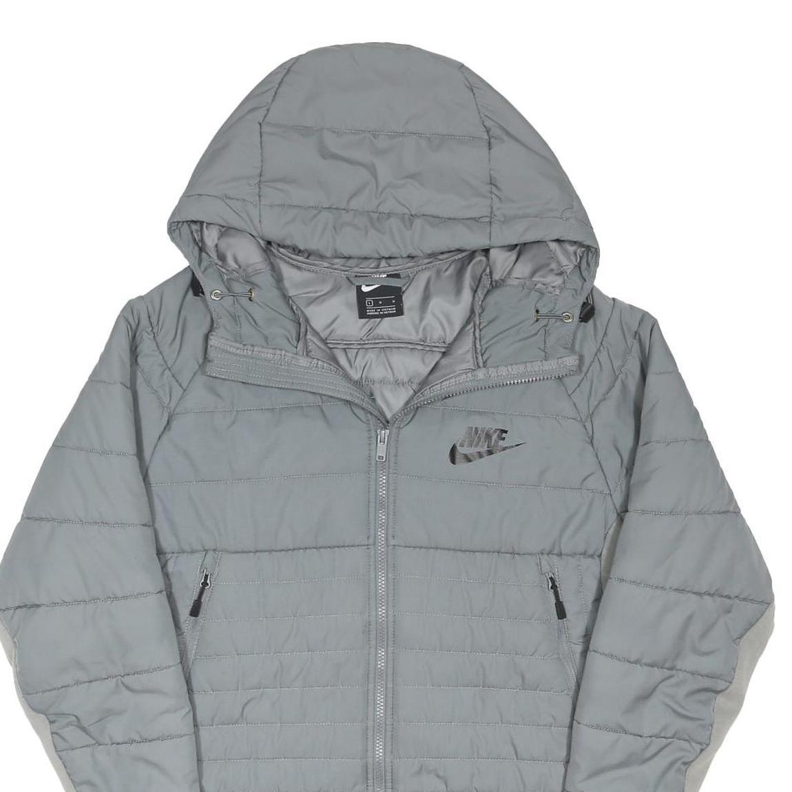 NIKE Mens Grey & Light Grey Zip Jacket L Polyester Blend Hooded Puffer