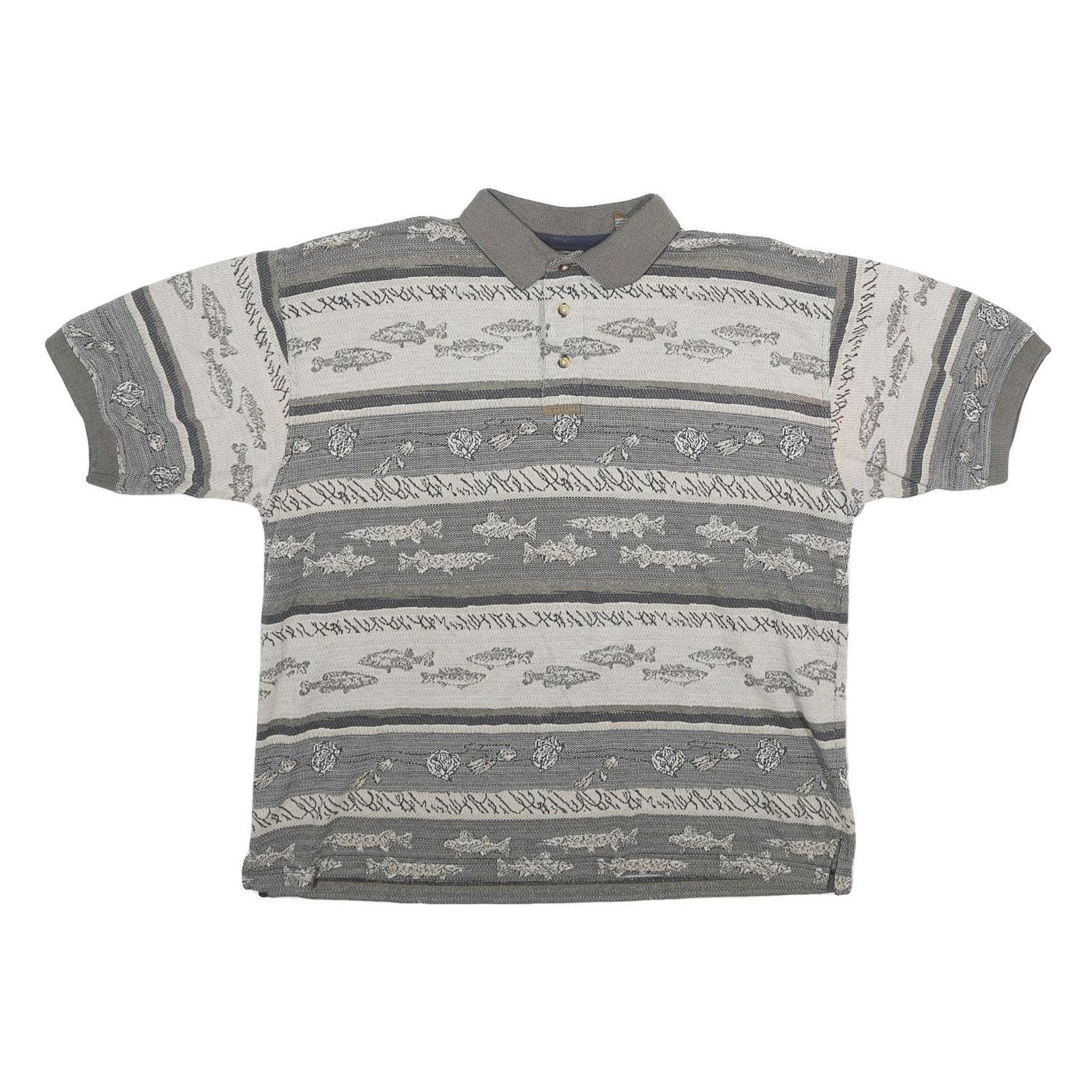 NORTH RIVER Mens Grey & Cream Patterned Short Sleeve Polo Shirt L Cotton Blend