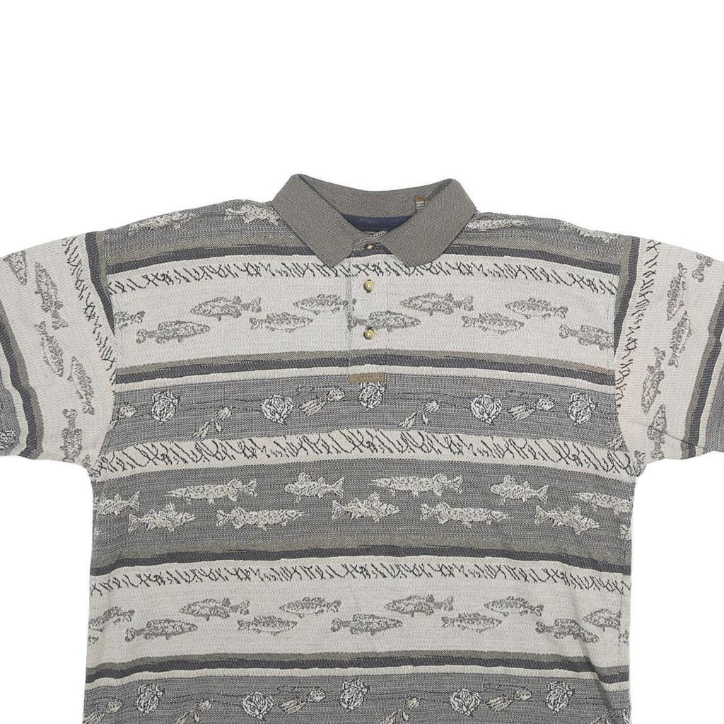 NORTH RIVER Mens Grey & Cream Patterned Short Sleeve Polo Shirt L Cotton Blend