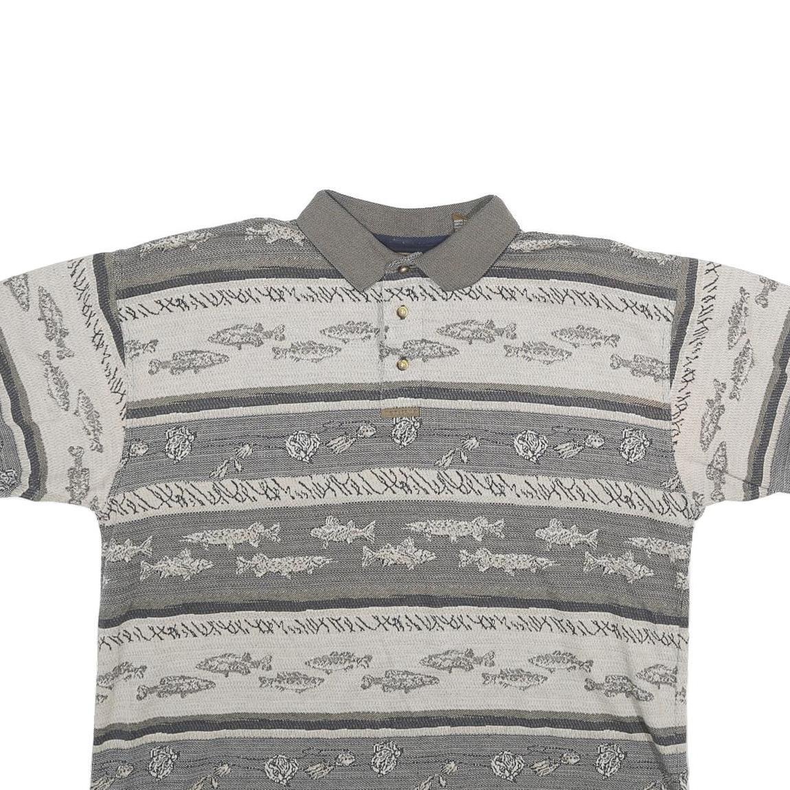 NORTH RIVER Mens Grey & Cream Patterned Short Sleeve Polo Shirt L Cotton Blend