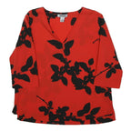 DKNY Womens Red & Black Printed Top 3/4 Sleeve V-Neck XXS Lightweight
