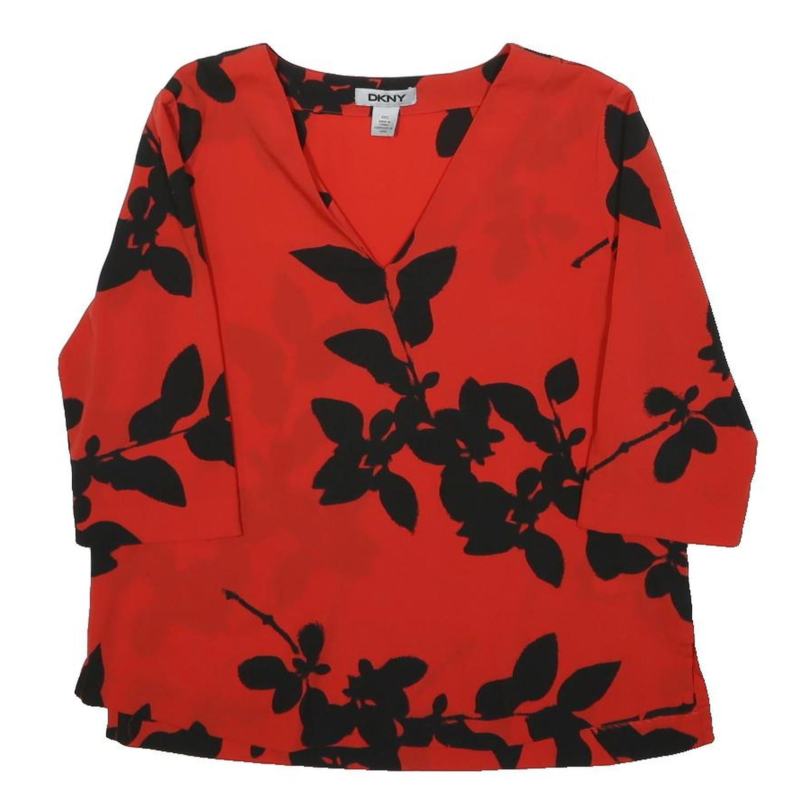 DKNY Womens Red & Black Printed Top 3/4 Sleeve V-Neck XXS Lightweight