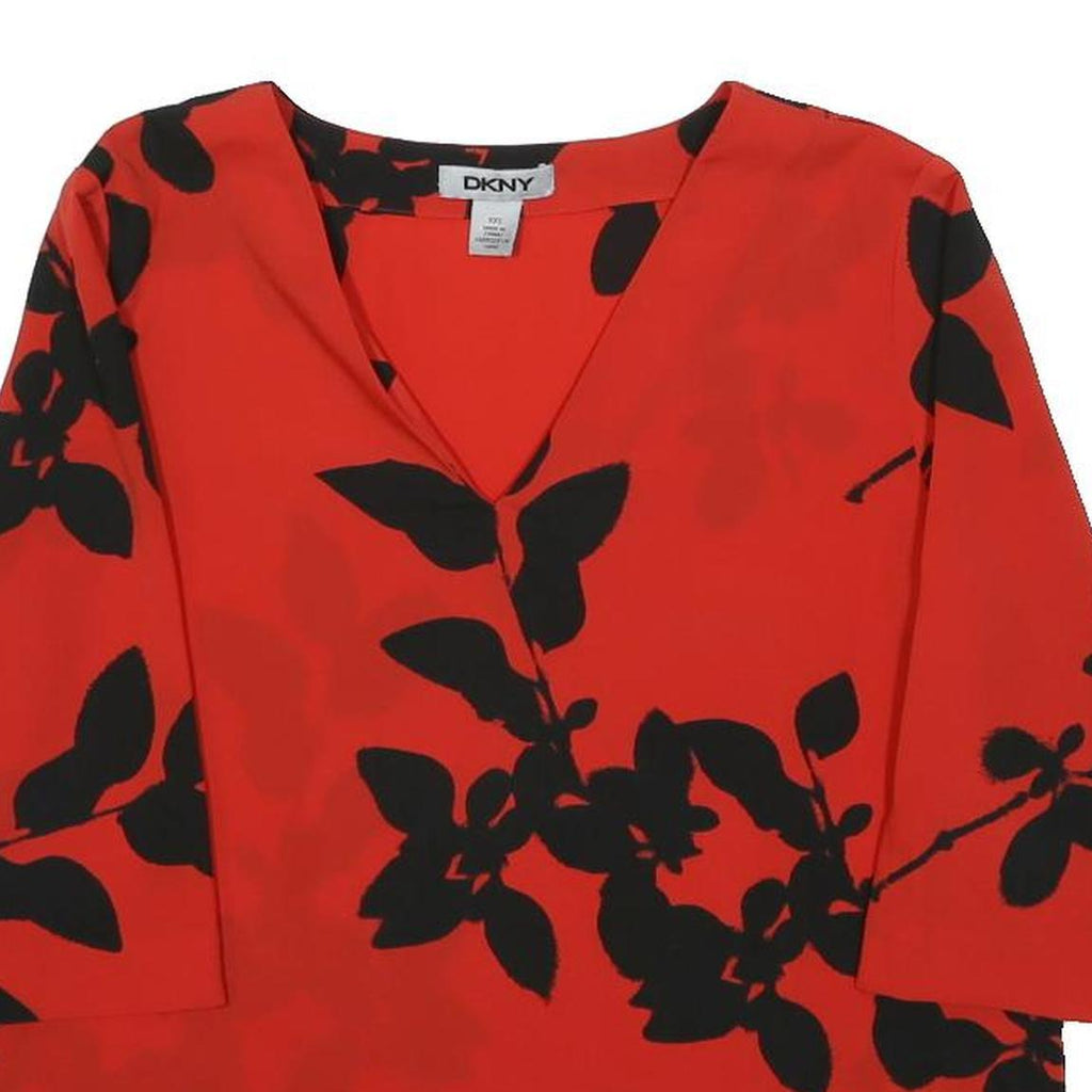 DKNY Womens Red & Black Printed Top 3/4 Sleeve V-Neck XXS Lightweight