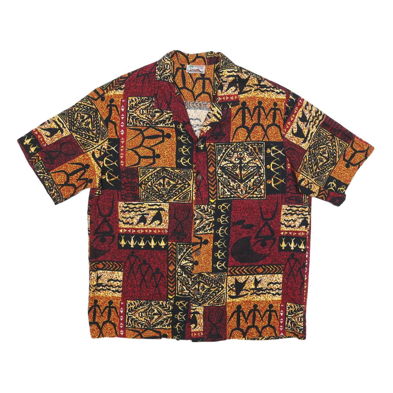 EVERGREEN ISLAND Mens Red & Brown Pattern Cotton Shirt XL Tropical Printed