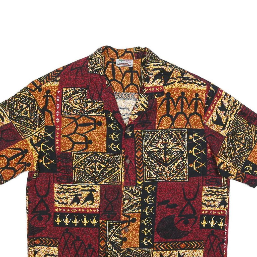 EVERGREEN ISLAND Mens Red & Brown Pattern Cotton Shirt XL Tropical Printed