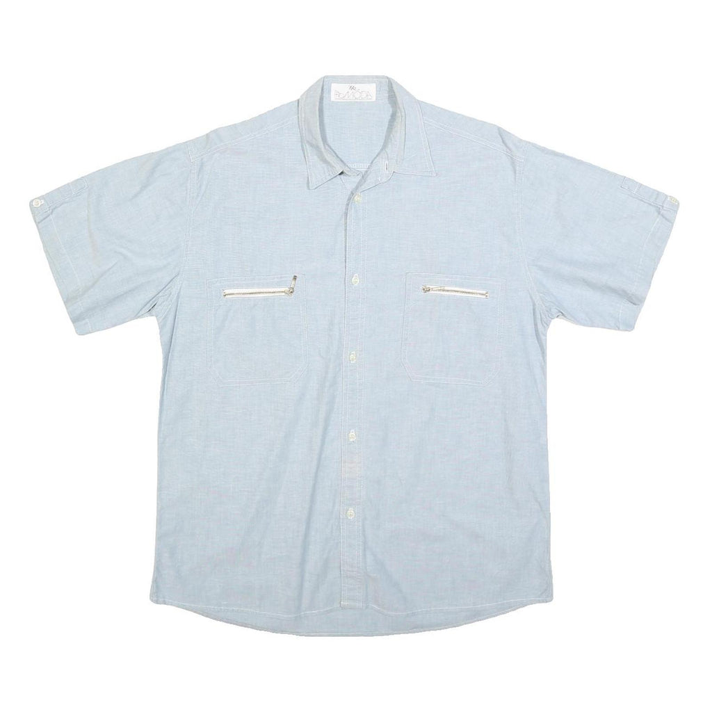 PRO MODA Mens Light Blue Cotton Blend Short Sleeve Shirt L Pockets Casual