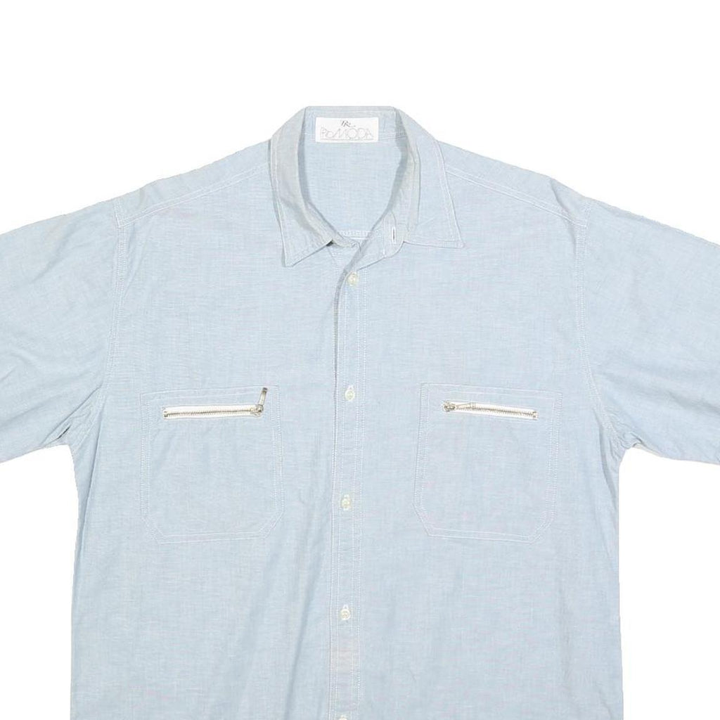 PRO MODA Mens Light Blue Cotton Blend Short Sleeve Shirt L Pockets Casual