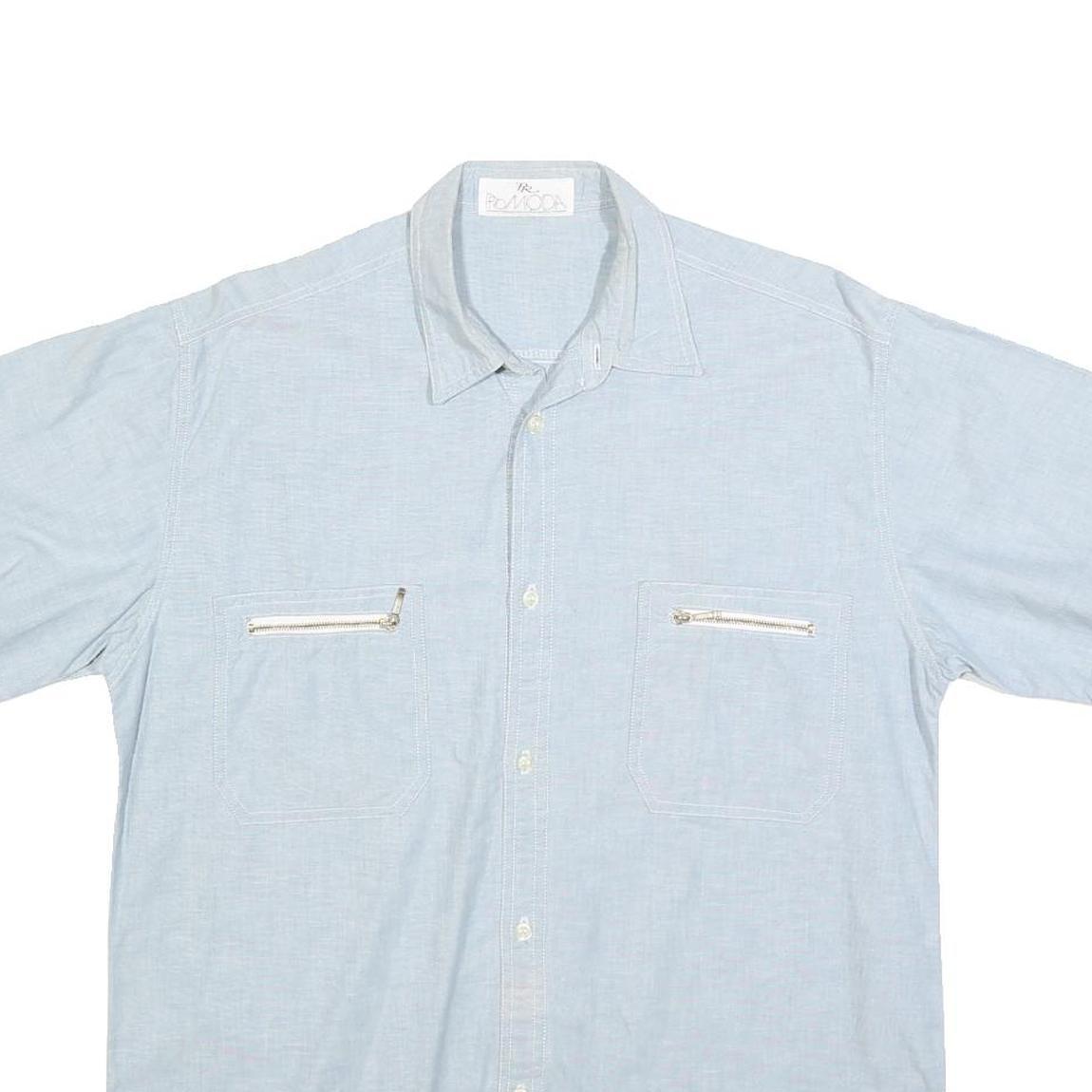 PRO MODA Mens Light Blue Cotton Blend Short Sleeve Shirt L Pockets Casual