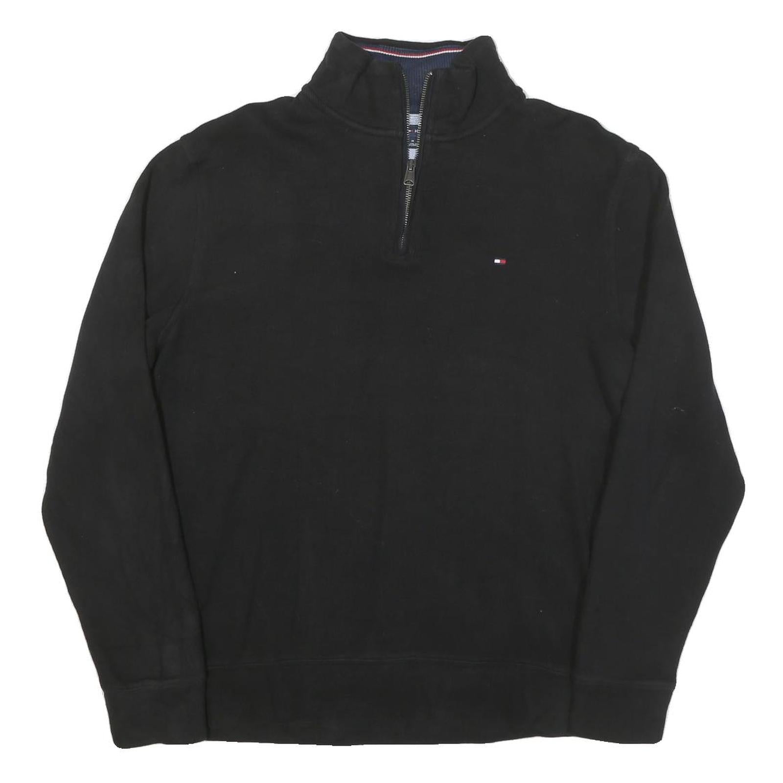 TOMMY HILFIGER Mens Black Cotton Blend Pullover Plain Crew Neck Jumper M Classic