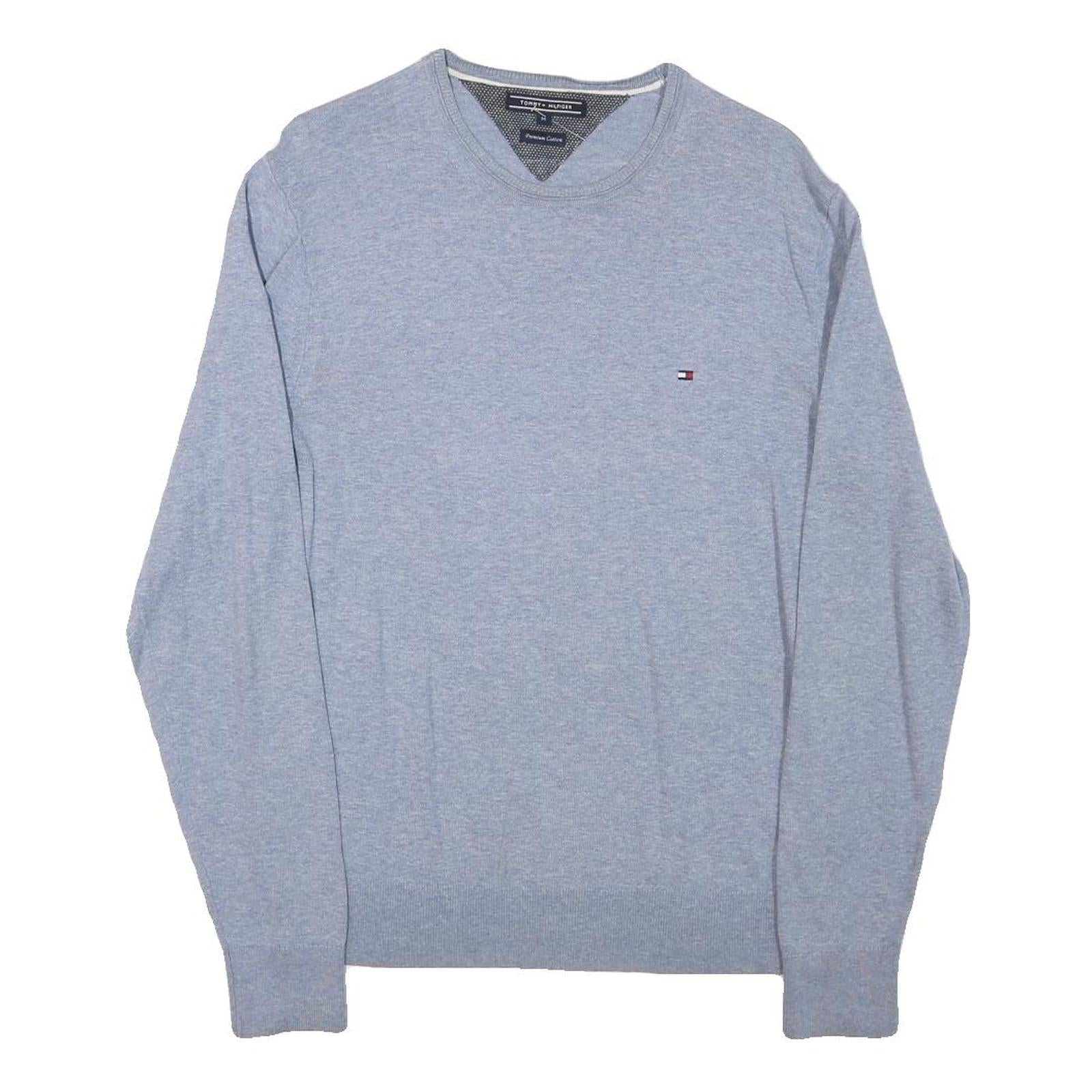 TOMMY HILFIGER Mens Grey Plain Cotton Blend Jumper Crew Neck Basic Knit M Casual