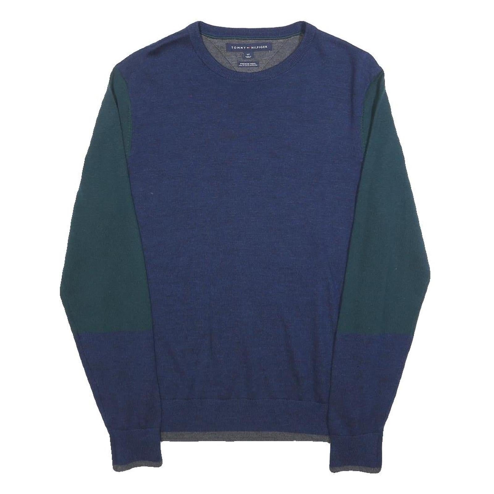 TOMMY HILFIGER Mens Blue & Green Patterned Wool Jumper Crew Neck Basic Knit S