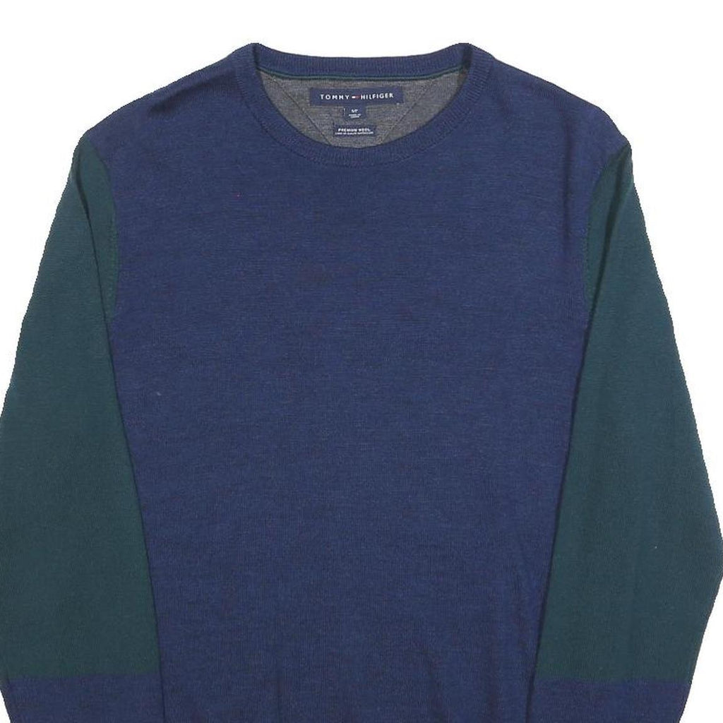 TOMMY HILFIGER Mens Blue & Green Patterned Wool Jumper Crew Neck Basic Knit S