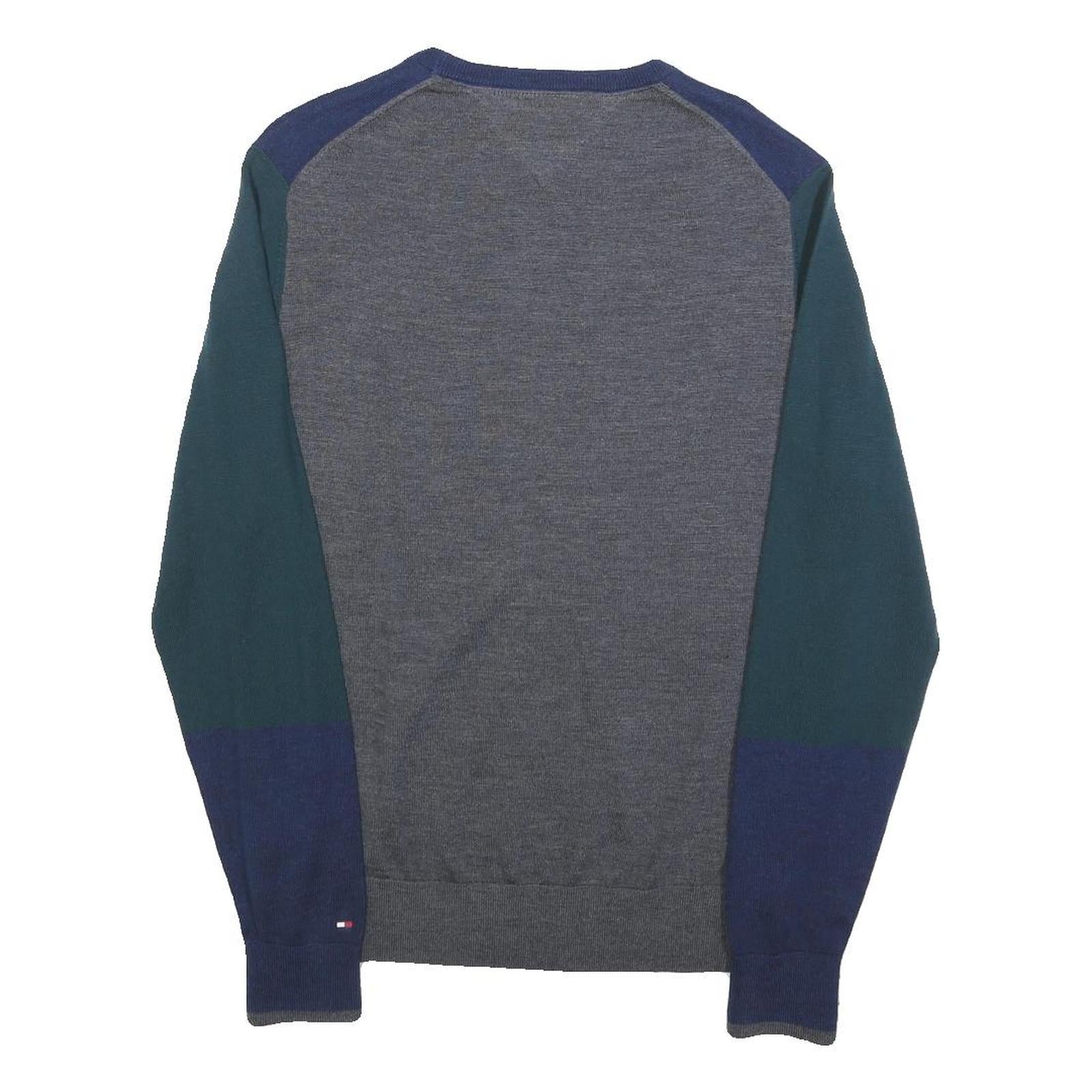 TOMMY HILFIGER Mens Blue & Green Patterned Wool Jumper Crew Neck Basic Knit S