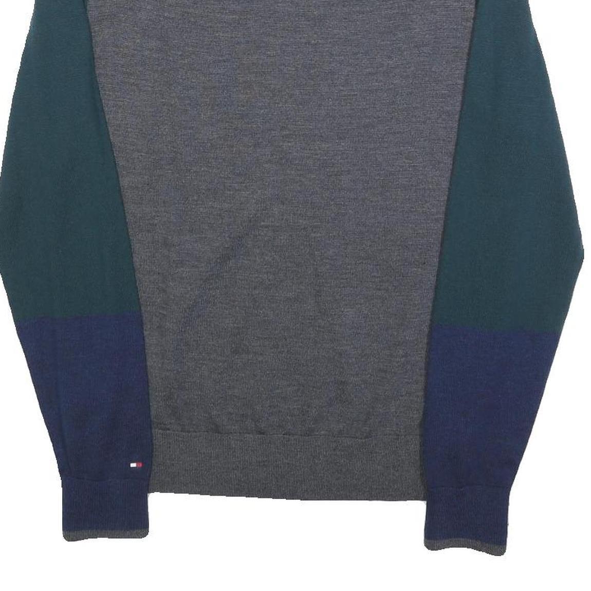 TOMMY HILFIGER Mens Blue & Green Patterned Wool Jumper Crew Neck Basic Knit S
