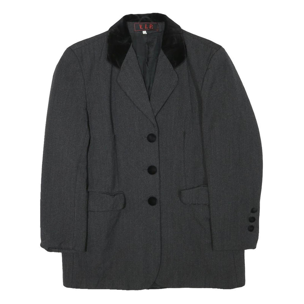 VIP Womens Grey & Black Button Jacket S Acetate Plain Classic Tailored Elegant