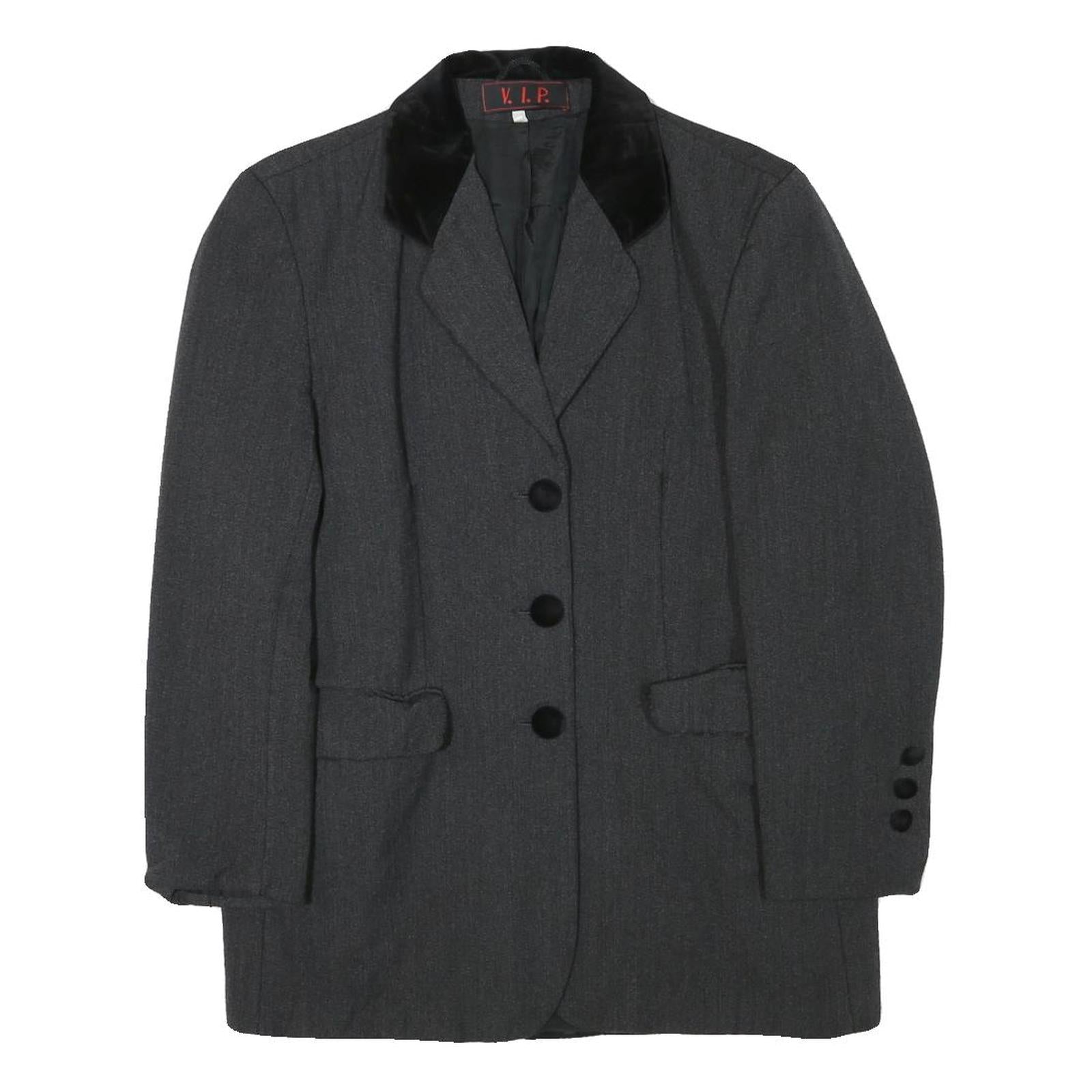 VIP Womens Grey & Black Button Jacket S Acetate Plain Classic Tailored Elegant